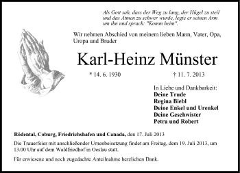 Traueranzeige von Karl-Heinz Münster von Neue Presse Coburg