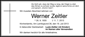Traueranzeige von Werner Zeitler von Frankenpost