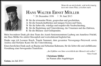 Traueranzeige von Hans Walter Ernst Möller von Südthüringer Presse