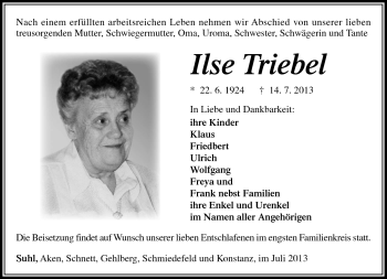 Traueranzeige von Ilse Triebel von Südthüringer Presse