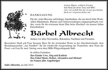Traueranzeige von Bärbel Albrecht von Südthüringer Presse