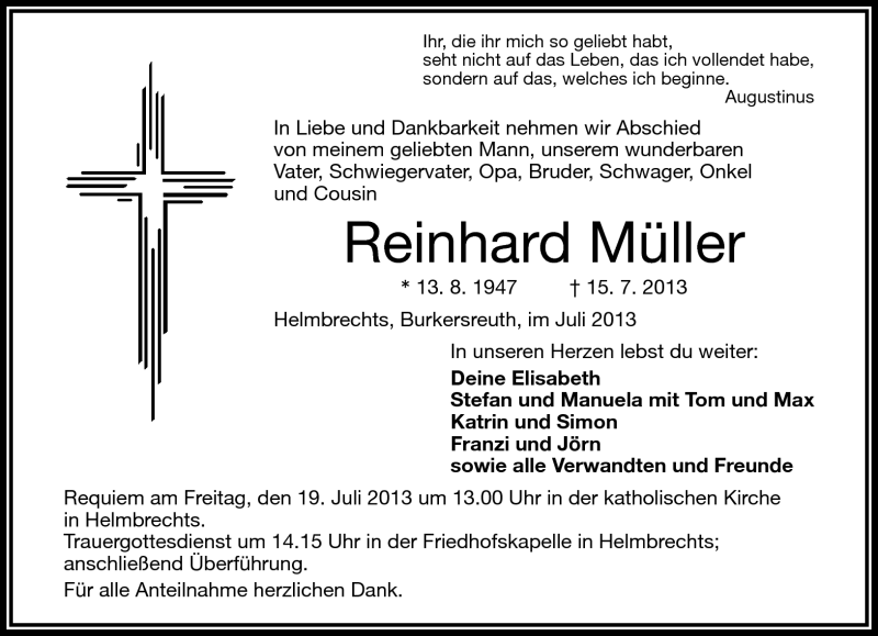  Traueranzeige für Reinhard Müller vom 17.07.2013 aus Frankenpost