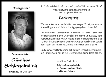 Traueranzeige von Günther Schlegelmilch von Südthüringer Presse