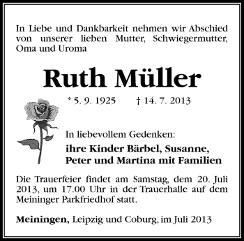 Traueranzeige von Ruth Müller von Südthüringer Presse