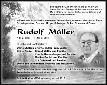 Traueranzeige von Rudolf Müller von Südthüringer Presse