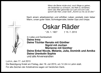 Traueranzeige von Oskar Räder von Neue Presse Coburg