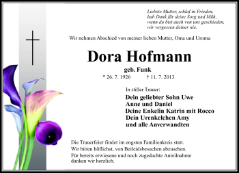 Traueranzeige von Dora Hofmann von Neue Presse Coburg