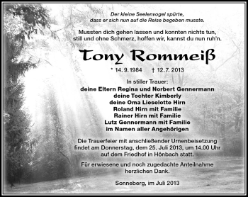 Traueranzeige von Tony Rommeiß von Südthüringer Presse