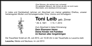 Traueranzeige von Toni Leib von Südthüringer Presse