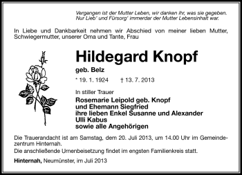 Traueranzeige von Hildegard Knopf von Südthüringer Presse