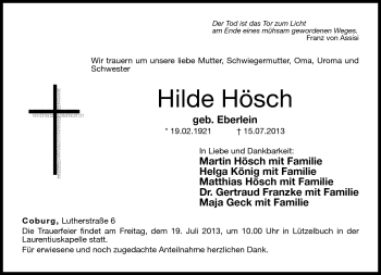 Traueranzeige von Hilde Hösch von Neue Presse Coburg
