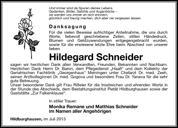 Traueranzeige von Hildegard Schneider von Südthüringer Presse