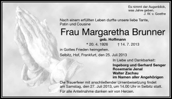 Traueranzeige von Margaretha Brunner von Frankenpost