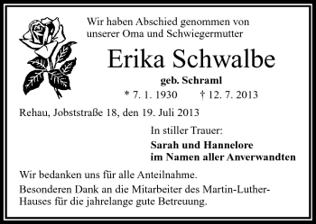 Traueranzeige von Erika Schwalbe von Frankenpost