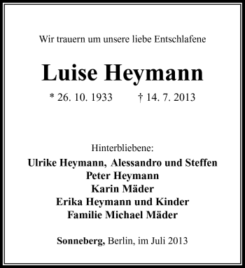 Traueranzeige von Luise Heymann von Südthüringer Presse