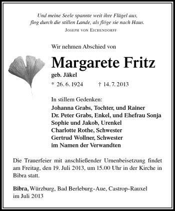Traueranzeige von Margarete Fritz von Südthüringer Presse