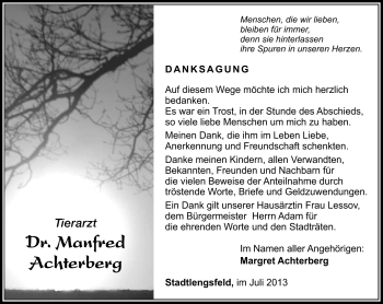 Traueranzeige von Manfred Achterberg von Südthüringer Presse