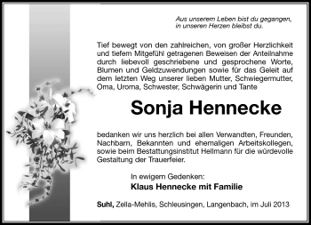 Traueranzeige von Sonja Hennecke von Südthüringer Presse