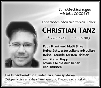 Traueranzeige von Christian Tanz von Südthüringer Presse