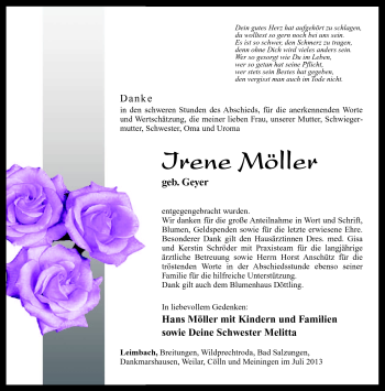Traueranzeige von Irene Möller von Südthüringer Presse