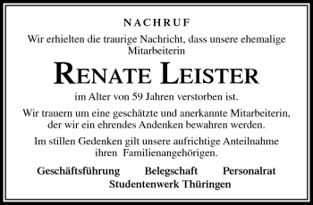 Traueranzeige von Renate Leister von Südthüringer Presse