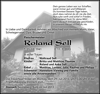 Traueranzeige von Roland Sell von Südthüringer Presse