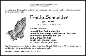 Traueranzeige von Frieda Schneider von Südthüringer Presse
