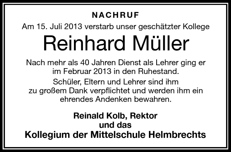  Traueranzeige für Reinhard Müller vom 18.07.2013 aus Frankenpost