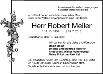 Traueranzeige von Robert Meiler von Frankenpost