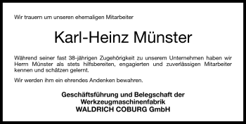 Traueranzeige von Karl-Heinz Münster von Neue Presse Coburg