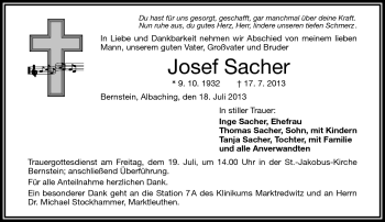 Traueranzeige von Josef Sacher von Frankenpost