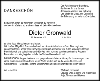Traueranzeige von Dieter Gronwald von Frankenpost