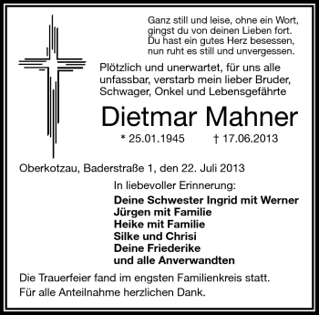 Traueranzeige von Dietmar Mahner von Frankenpost