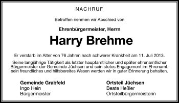 Traueranzeige von Harry Brehme von Südthüringer Presse