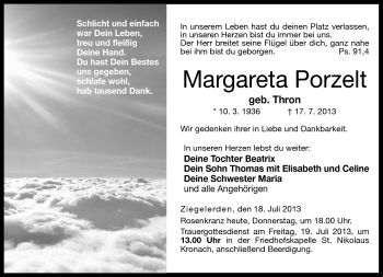Traueranzeige von Margareta Porzelt von Neue Presse Coburg