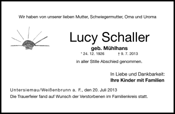 Traueranzeige von Lucy Schaller von Neue Presse Coburg