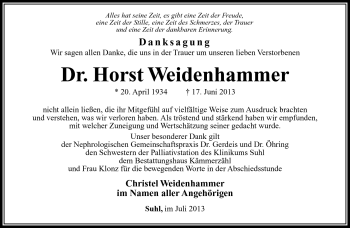 Traueranzeige von Horst Weidenhammer von Südthüringer Presse