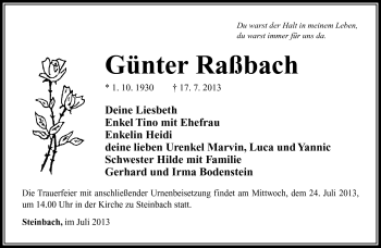 Traueranzeige von Günter Raßbach von Südthüringer Presse