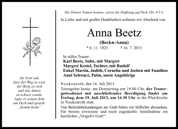 Traueranzeige von Anna Beetz von Neue Presse Coburg