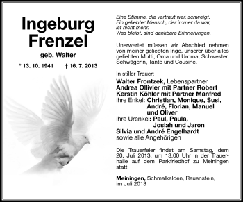 Traueranzeige von Ingeburg Frenzel von Südthüringer Presse