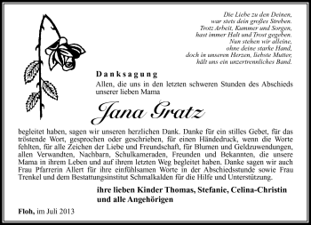 Traueranzeige von Jana Gratz von Südthüringer Presse