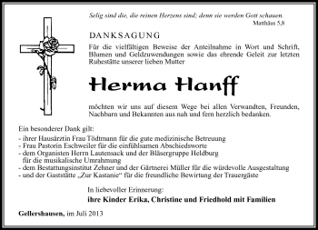 Traueranzeige von Herma Hanff von Südthüringer Presse