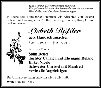 Traueranzeige von Lisbeth Kunze von Südthüringer Presse