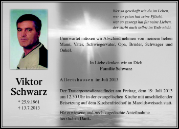Traueranzeige von Viktor Schwarz von Neue Presse Coburg
