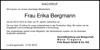 Traueranzeige von Erika Bergmann von Neue Presse Coburg