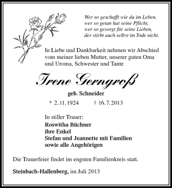 Traueranzeige von Irene Gerngroß von Südthüringer Presse