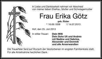 Traueranzeige von Erika Götz von Frankenpost