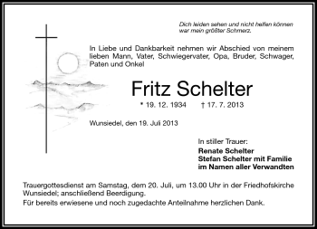 Traueranzeige von Fritz Schelter von Frankenpost