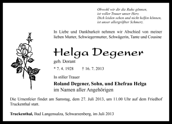 Traueranzeige von Helga Degener von Südthüringer Presse
