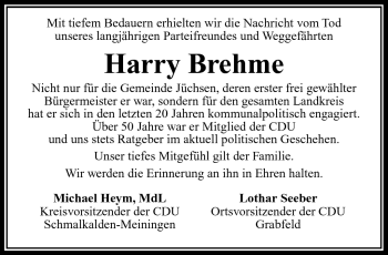 Traueranzeige von Harry Brehme von Südthüringer Presse